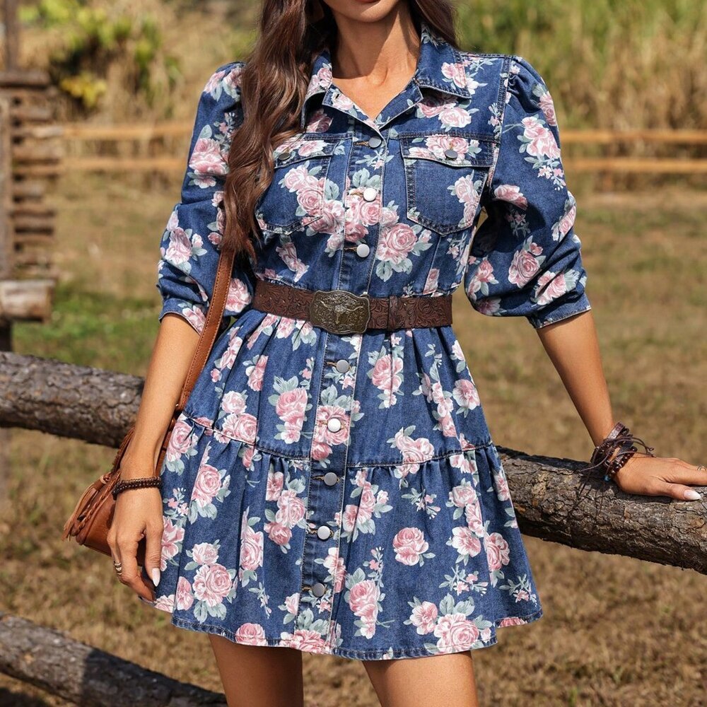 Light Wash Boho Women's Floral Print Single-Breasted Ruffle Casual Denim Dress - Picture 6 of 6